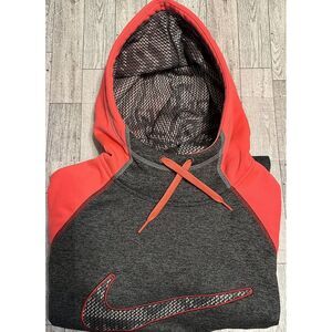 Nike‎ Therma Fit Hoodie Womens Medium Pullover Fleece Lined Gray Neon Pink Cozy